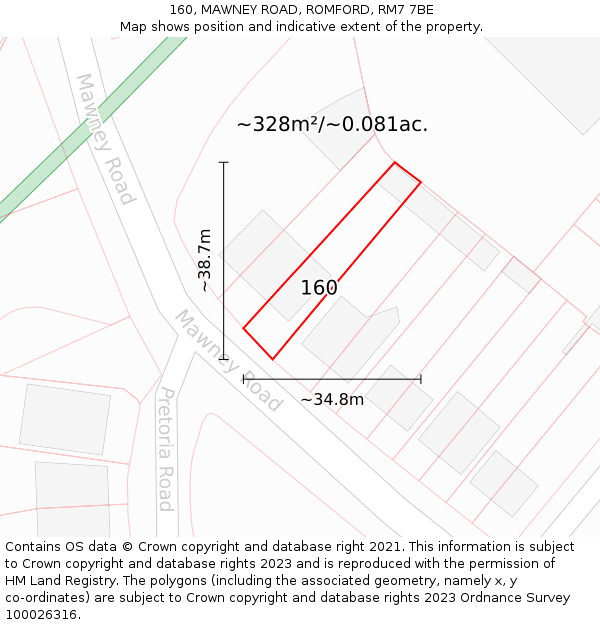 160, MAWNEY ROAD, ROMFORD, RM7 7BE: Plot and title map