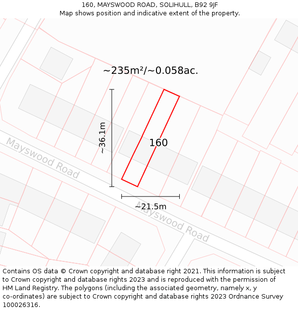 160, MAYSWOOD ROAD, SOLIHULL, B92 9JF: Plot and title map