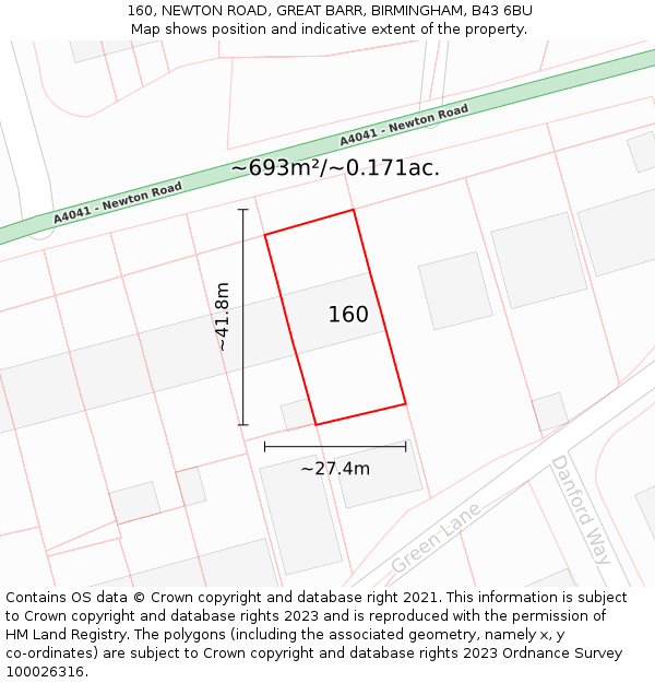 160, NEWTON ROAD, GREAT BARR, BIRMINGHAM, B43 6BU: Plot and title map