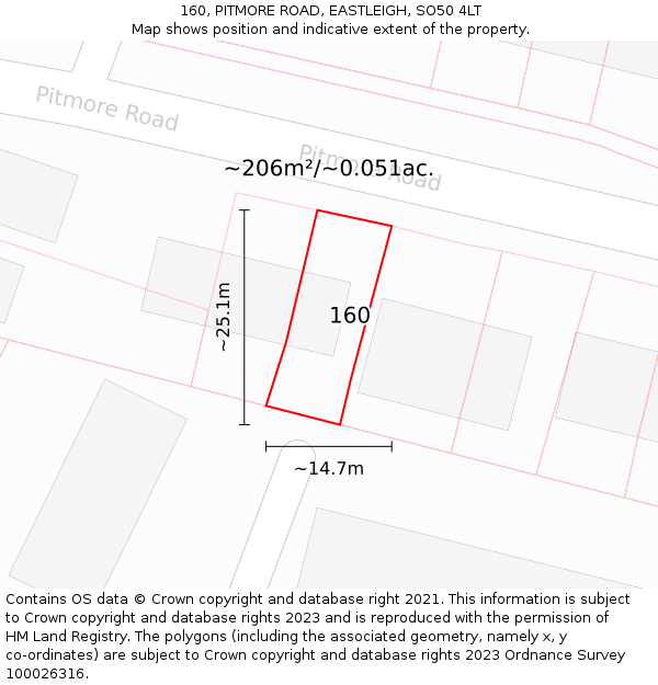 160, PITMORE ROAD, EASTLEIGH, SO50 4LT: Plot and title map