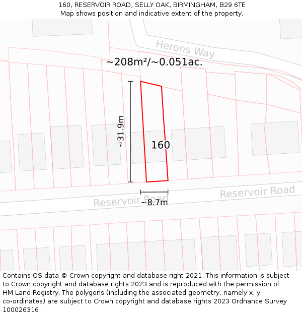 160, RESERVOIR ROAD, SELLY OAK, BIRMINGHAM, B29 6TE: Plot and title map