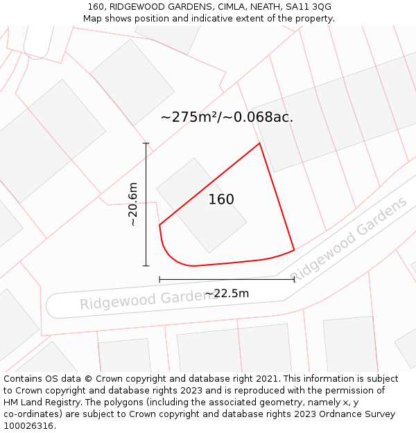 160, RIDGEWOOD GARDENS, CIMLA, NEATH, SA11 3QG: Plot and title map