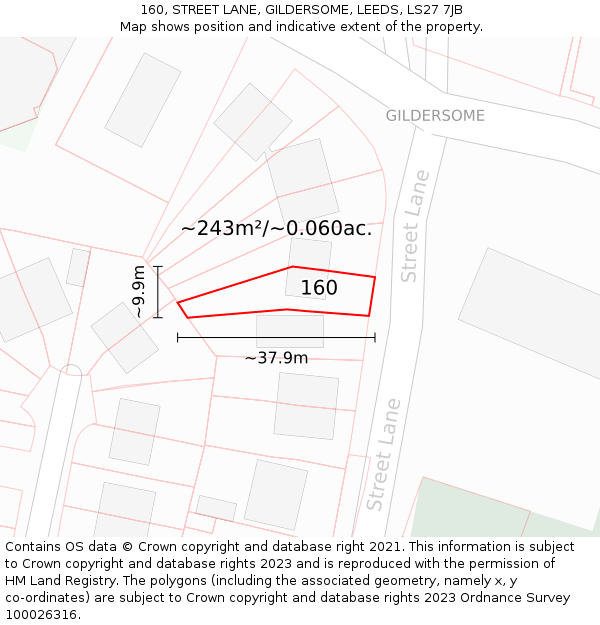 160, STREET LANE, GILDERSOME, LEEDS, LS27 7JB: Plot and title map