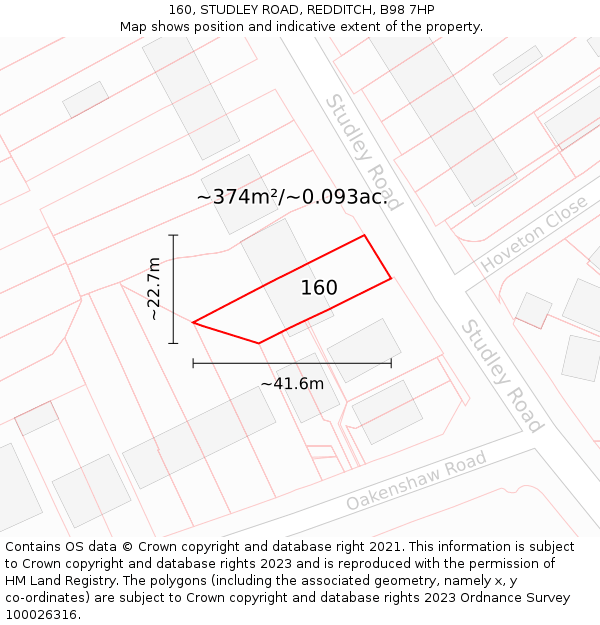 160, STUDLEY ROAD, REDDITCH, B98 7HP: Plot and title map