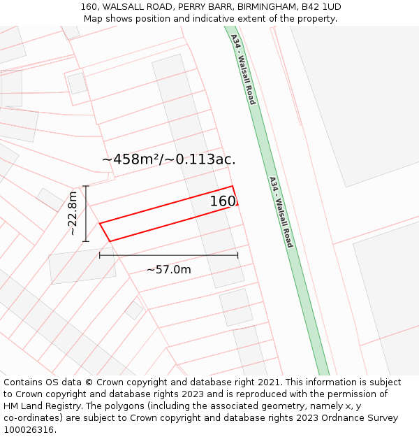 160, WALSALL ROAD, PERRY BARR, BIRMINGHAM, B42 1UD: Plot and title map