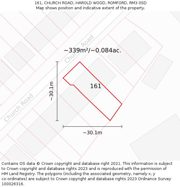 161, CHURCH ROAD, HAROLD WOOD, ROMFORD, RM3 0SD: Plot and title map