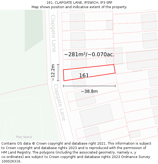 161, CLAPGATE LANE, IPSWICH, IP3 0RF: Plot and title map