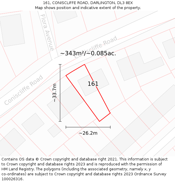 161, CONISCLIFFE ROAD, DARLINGTON, DL3 8EX: Plot and title map