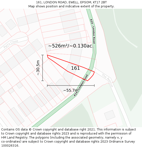 161, LONDON ROAD, EWELL, EPSOM, KT17 2BT: Plot and title map