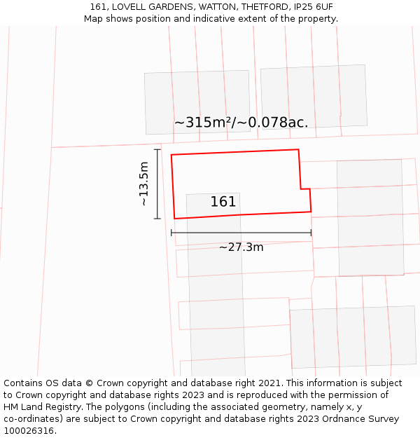 161, LOVELL GARDENS, WATTON, THETFORD, IP25 6UF: Plot and title map