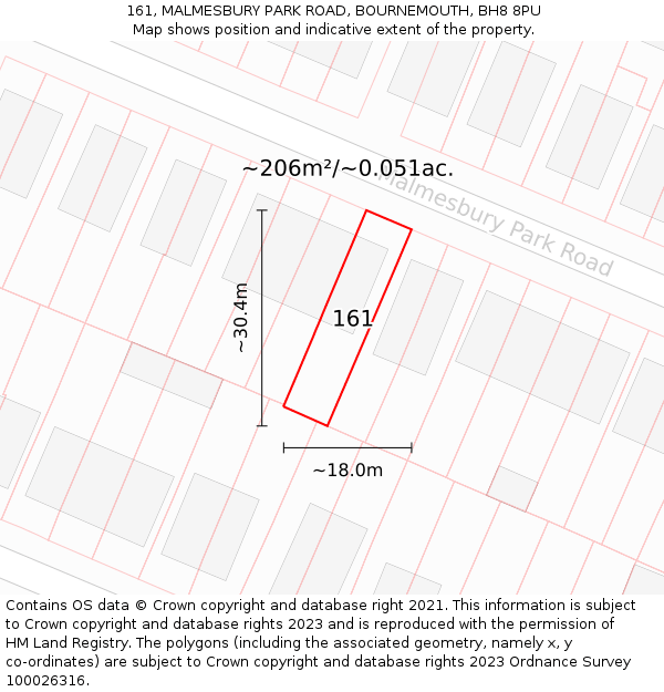 161, MALMESBURY PARK ROAD, BOURNEMOUTH, BH8 8PU: Plot and title map