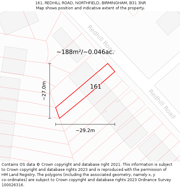 161, REDHILL ROAD, NORTHFIELD, BIRMINGHAM, B31 3NR: Plot and title map