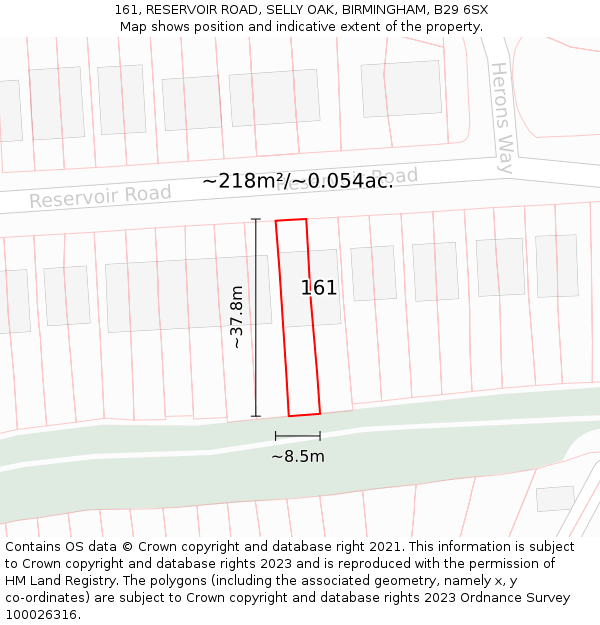 161, RESERVOIR ROAD, SELLY OAK, BIRMINGHAM, B29 6SX: Plot and title map