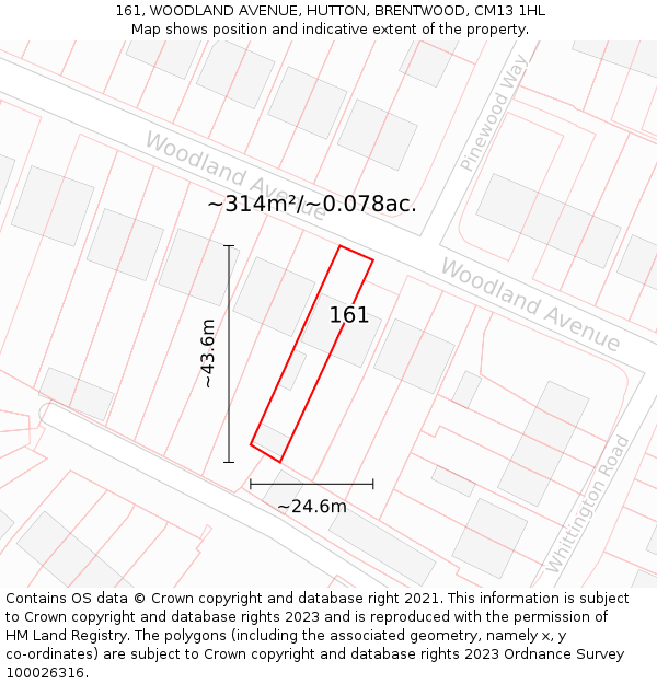 161, WOODLAND AVENUE, HUTTON, BRENTWOOD, CM13 1HL: Plot and title map