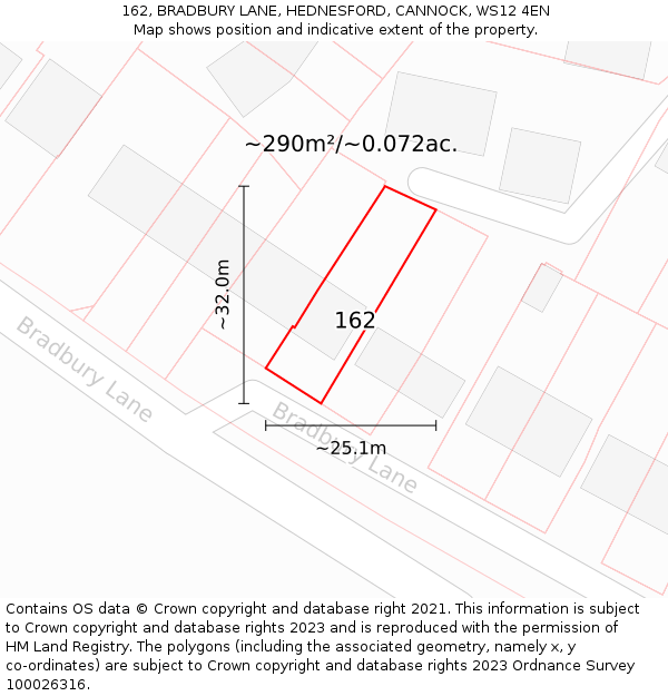 162, BRADBURY LANE, HEDNESFORD, CANNOCK, WS12 4EN: Plot and title map