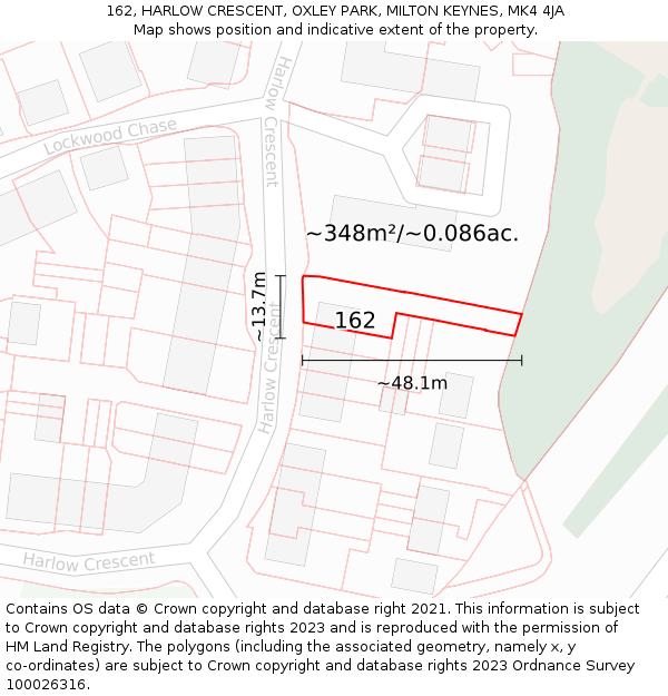 162, HARLOW CRESCENT, OXLEY PARK, MILTON KEYNES, MK4 4JA: Plot and title map