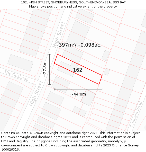 162, HIGH STREET, SHOEBURYNESS, SOUTHEND-ON-SEA, SS3 9AT: Plot and title map