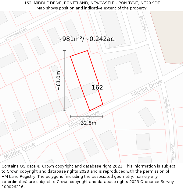 162, MIDDLE DRIVE, PONTELAND, NEWCASTLE UPON TYNE, NE20 9DT: Plot and title map