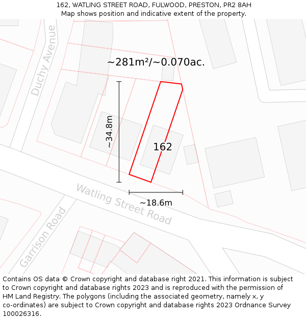 162, WATLING STREET ROAD, FULWOOD, PRESTON, PR2 8AH: Plot and title map