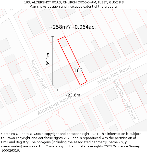 163, ALDERSHOT ROAD, CHURCH CROOKHAM, FLEET, GU52 8JS: Plot and title map