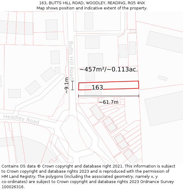 163, BUTTS HILL ROAD, WOODLEY, READING, RG5 4NX: Plot and title map