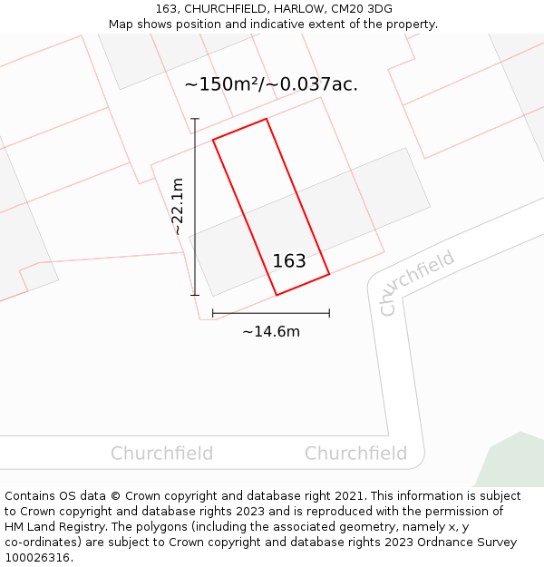 163, CHURCHFIELD, HARLOW, CM20 3DG: Plot and title map