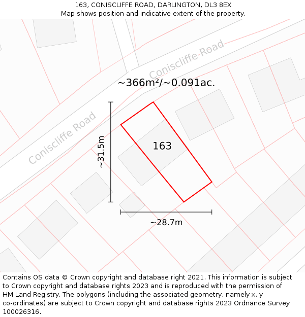 163, CONISCLIFFE ROAD, DARLINGTON, DL3 8EX: Plot and title map