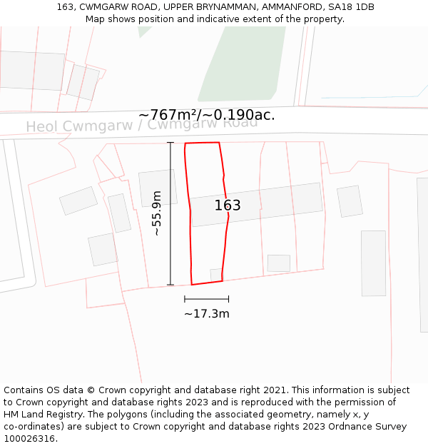 163, CWMGARW ROAD, UPPER BRYNAMMAN, AMMANFORD, SA18 1DB: Plot and title map