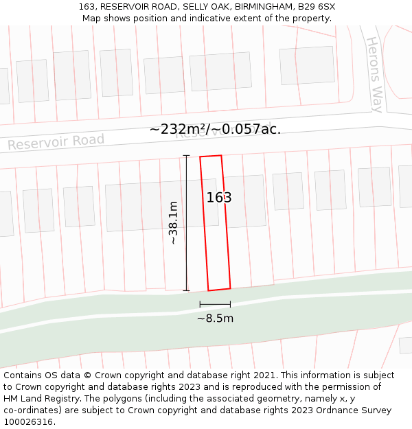 163, RESERVOIR ROAD, SELLY OAK, BIRMINGHAM, B29 6SX: Plot and title map