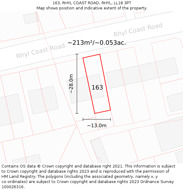 163, RHYL COAST ROAD, RHYL, LL18 3PT: Plot and title map