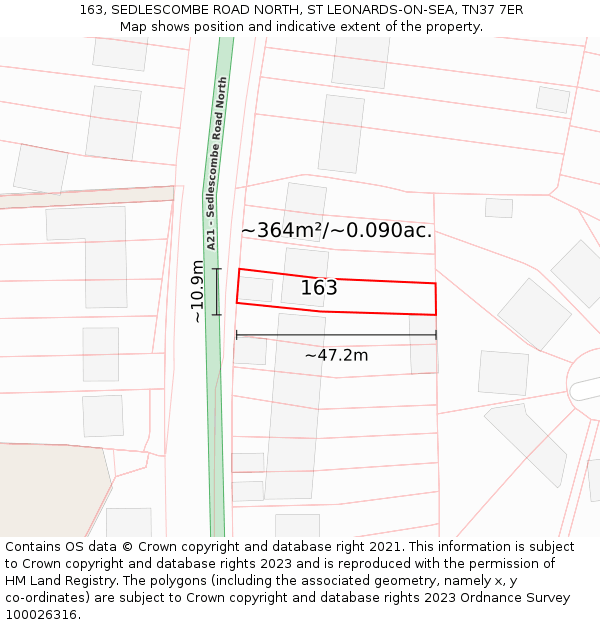 163, SEDLESCOMBE ROAD NORTH, ST LEONARDS-ON-SEA, TN37 7ER: Plot and title map