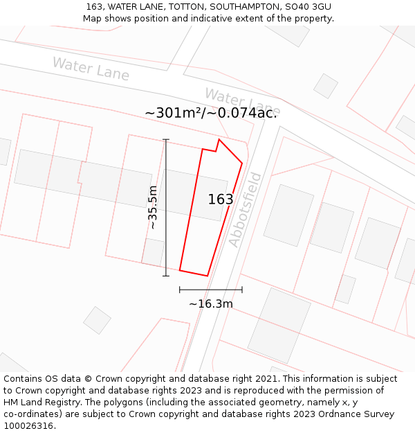 163, WATER LANE, TOTTON, SOUTHAMPTON, SO40 3GU: Plot and title map