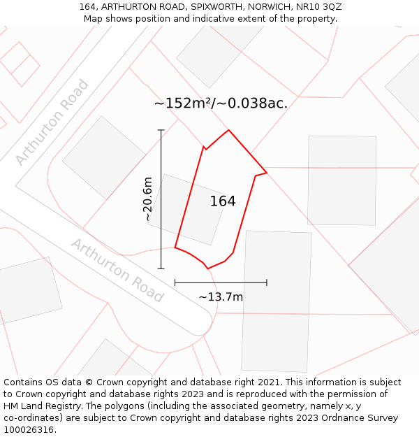 164, ARTHURTON ROAD, SPIXWORTH, NORWICH, NR10 3QZ: Plot and title map