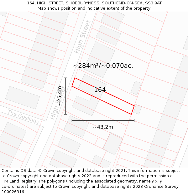 164, HIGH STREET, SHOEBURYNESS, SOUTHEND-ON-SEA, SS3 9AT: Plot and title map