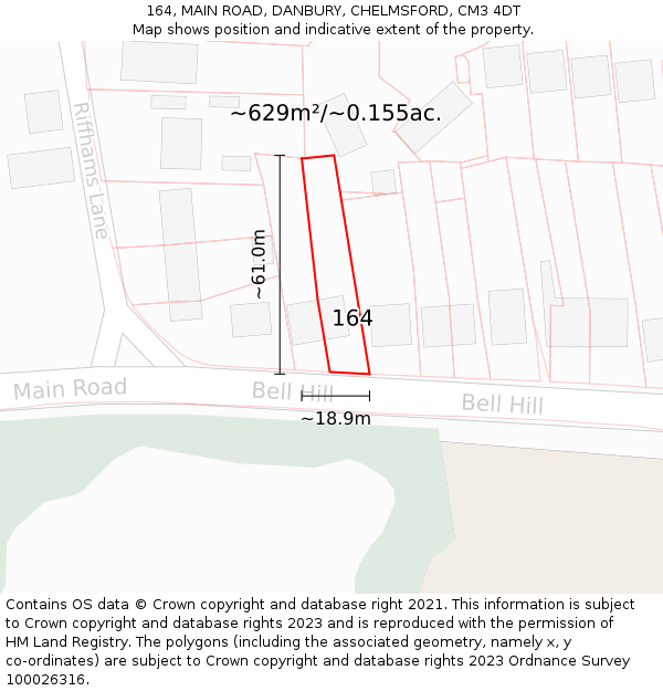 164, MAIN ROAD, DANBURY, CHELMSFORD, CM3 4DT: Plot and title map