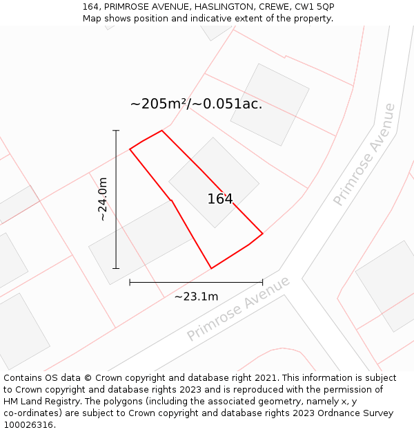 164, PRIMROSE AVENUE, HASLINGTON, CREWE, CW1 5QP: Plot and title map