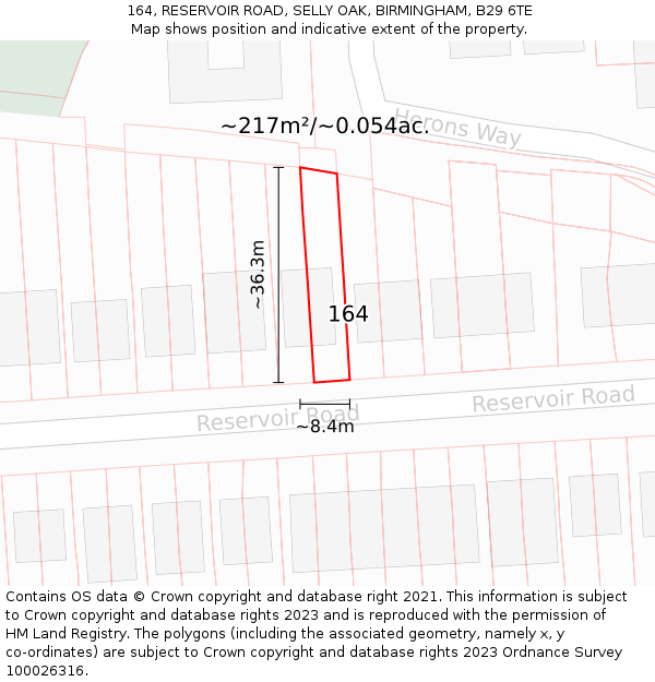 164, RESERVOIR ROAD, SELLY OAK, BIRMINGHAM, B29 6TE: Plot and title map