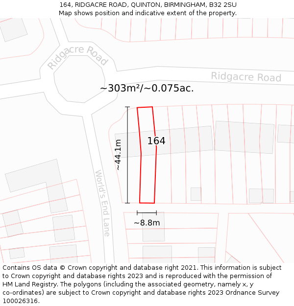 164, RIDGACRE ROAD, QUINTON, BIRMINGHAM, B32 2SU: Plot and title map