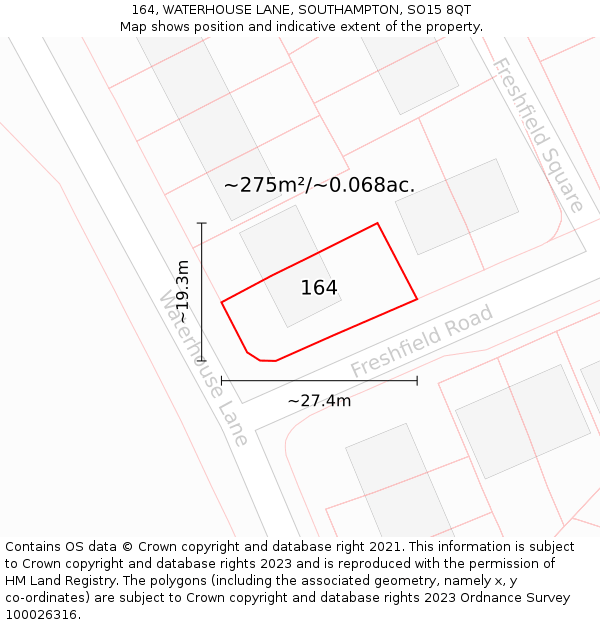 164, WATERHOUSE LANE, SOUTHAMPTON, SO15 8QT: Plot and title map