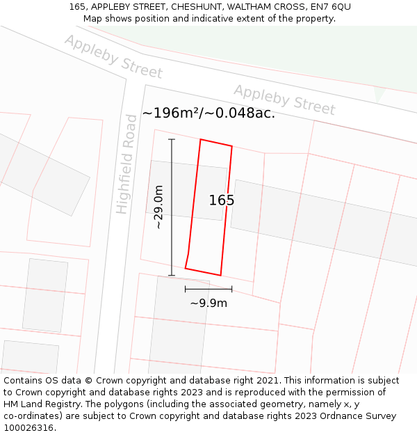 165, APPLEBY STREET, CHESHUNT, WALTHAM CROSS, EN7 6QU: Plot and title map