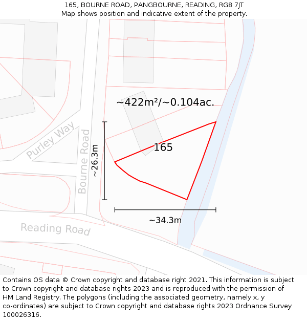 165, BOURNE ROAD, PANGBOURNE, READING, RG8 7JT: Plot and title map