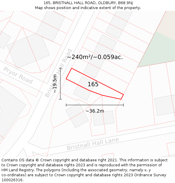 165, BRISTNALL HALL ROAD, OLDBURY, B68 9NJ: Plot and title map