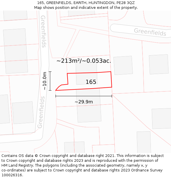 165, GREENFIELDS, EARITH, HUNTINGDON, PE28 3QZ: Plot and title map