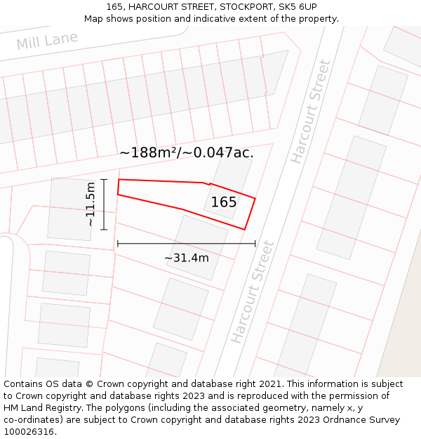 165, HARCOURT STREET, STOCKPORT, SK5 6UP: Plot and title map