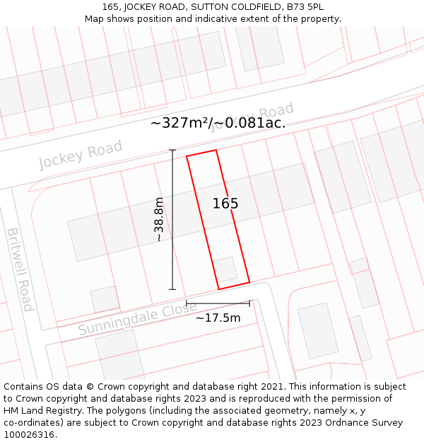 165, JOCKEY ROAD, SUTTON COLDFIELD, B73 5PL: Plot and title map