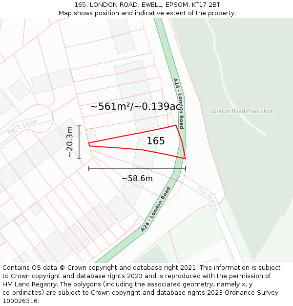 165, LONDON ROAD, EWELL, EPSOM, KT17 2BT: Plot and title map