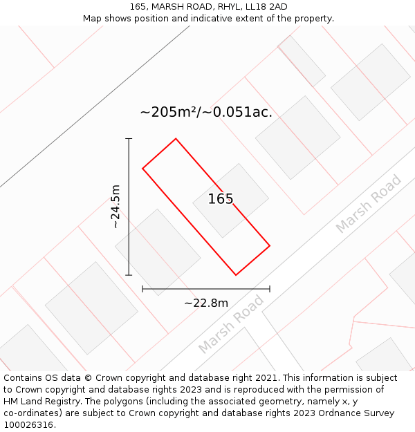 165, MARSH ROAD, RHYL, LL18 2AD: Plot and title map