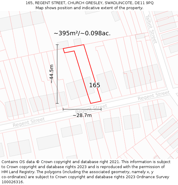 165, REGENT STREET, CHURCH GRESLEY, SWADLINCOTE, DE11 9PQ: Plot and title map