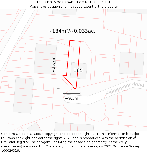 165, RIDGEMOOR ROAD, LEOMINSTER, HR6 8UH: Plot and title map