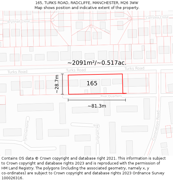 165, TURKS ROAD, RADCLIFFE, MANCHESTER, M26 3WW: Plot and title map